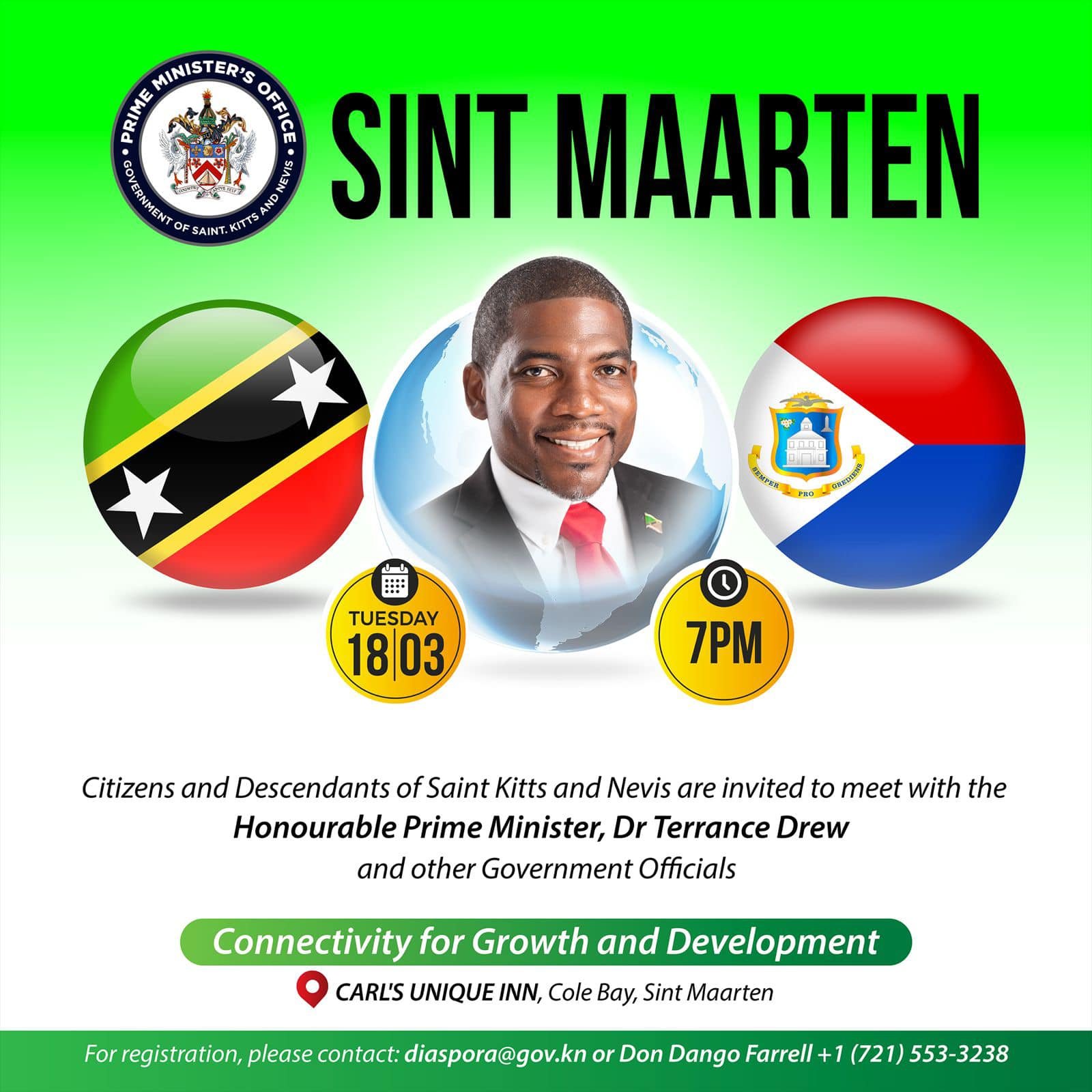 Prime Minister Drew to Host Engagement Session with Saint Kitts and Nevis Citizens Residing in Sint Maarten